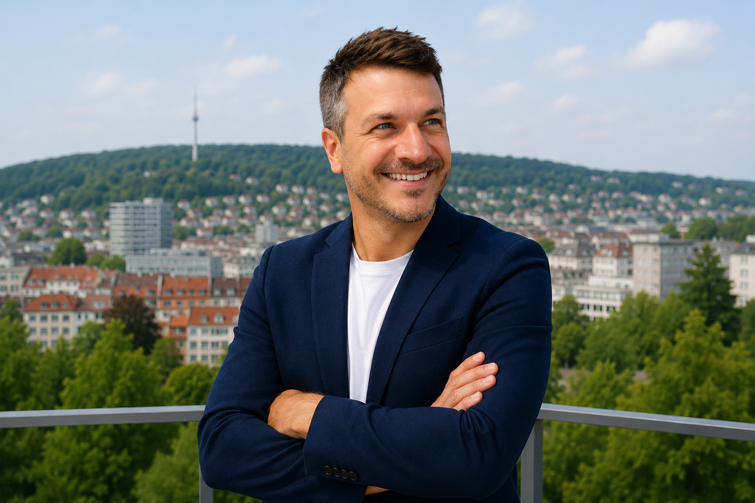Sascha Traber vor der Stuttgarter Skyline mit Fernsehturm
